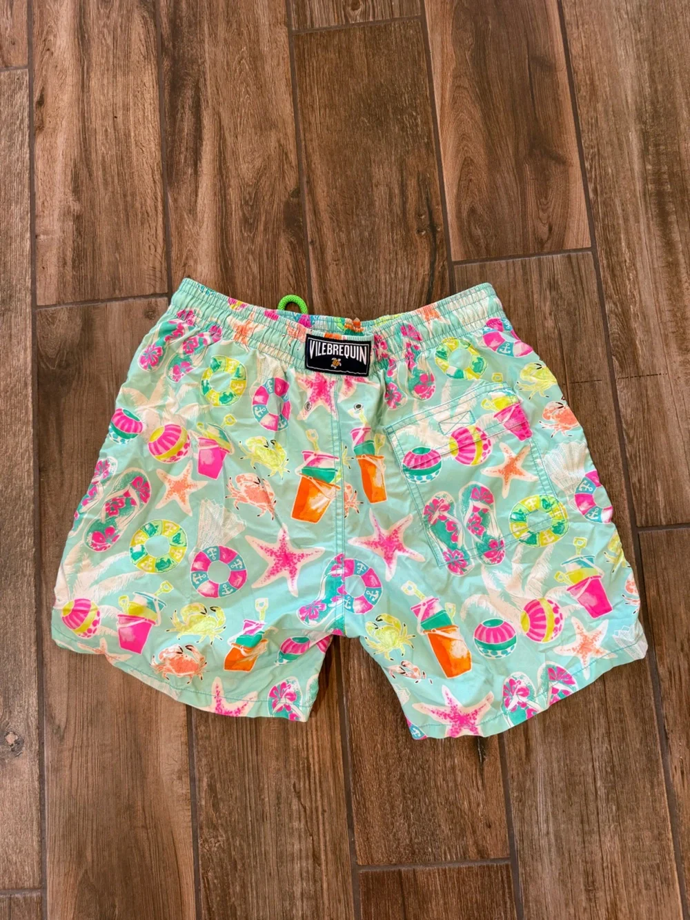 Vilebrequin Limited Edition Mint Swim Shorts w/Neon Drawstring and Beach Motif